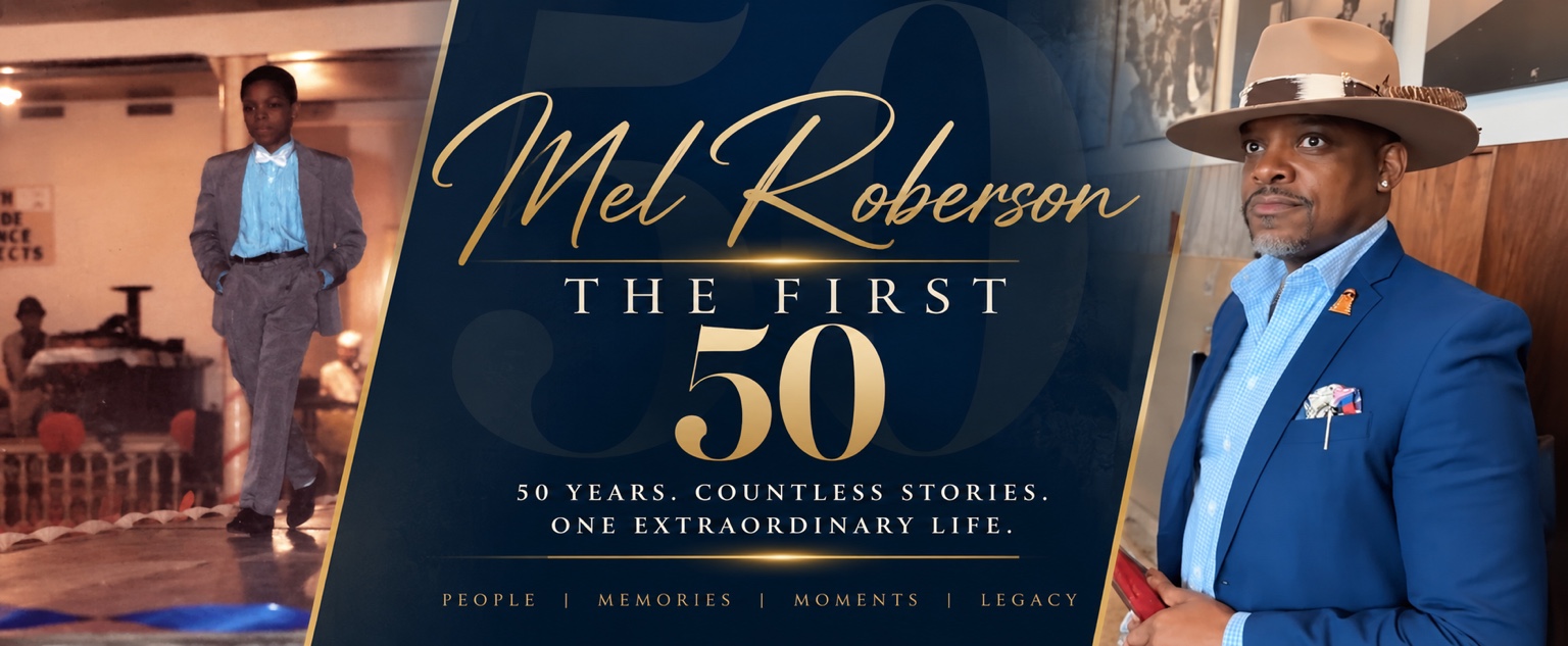 Mel Roberson as a child and today, with the original The First 50 navy and gold book artwork